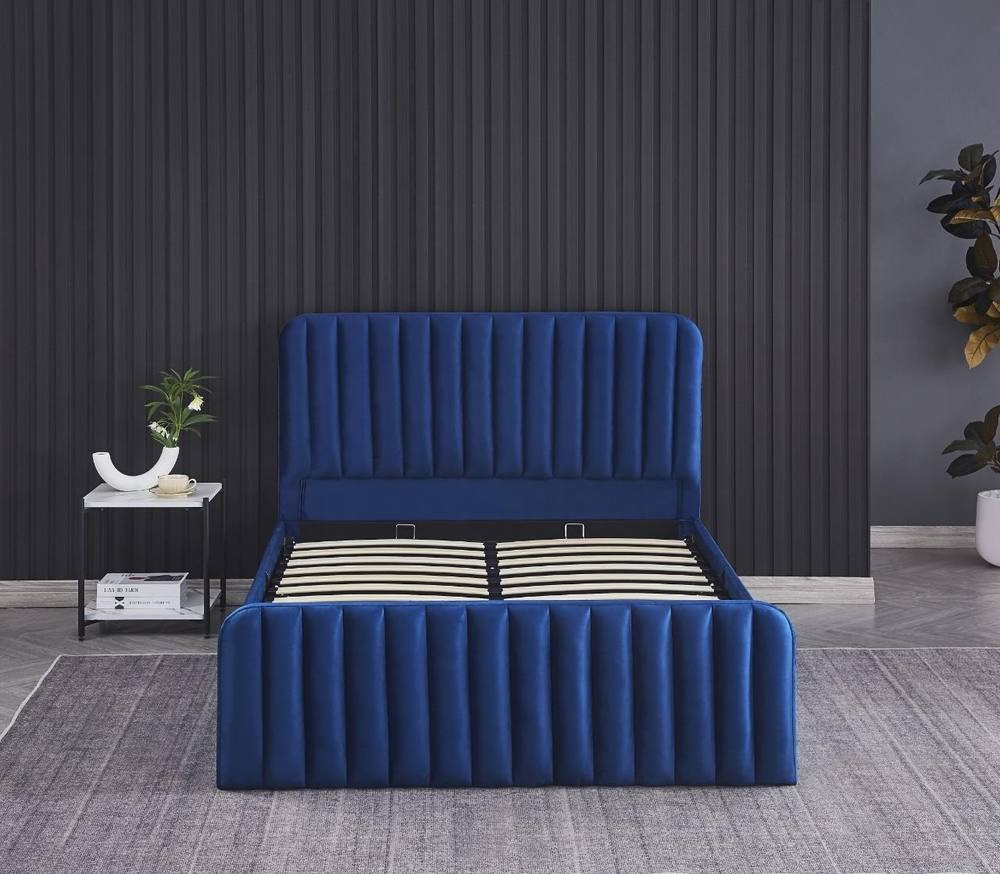 Portland Wave Double Blue Velvet Ottoman Bed with Mattress - image 5