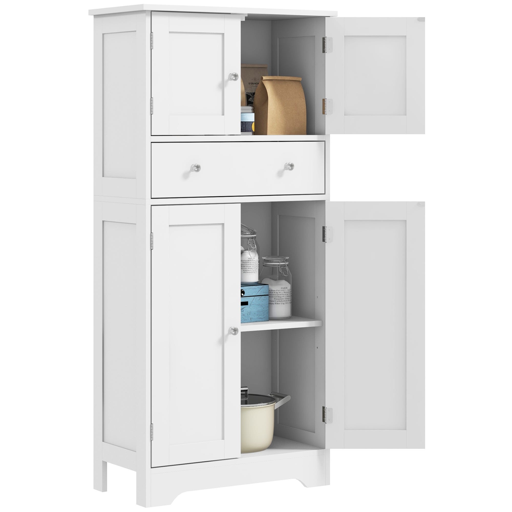 White wooden kitchen cupboard with two doors, a central drawer, and an adjustable shelf, showcasing storage for various kitchen items.
