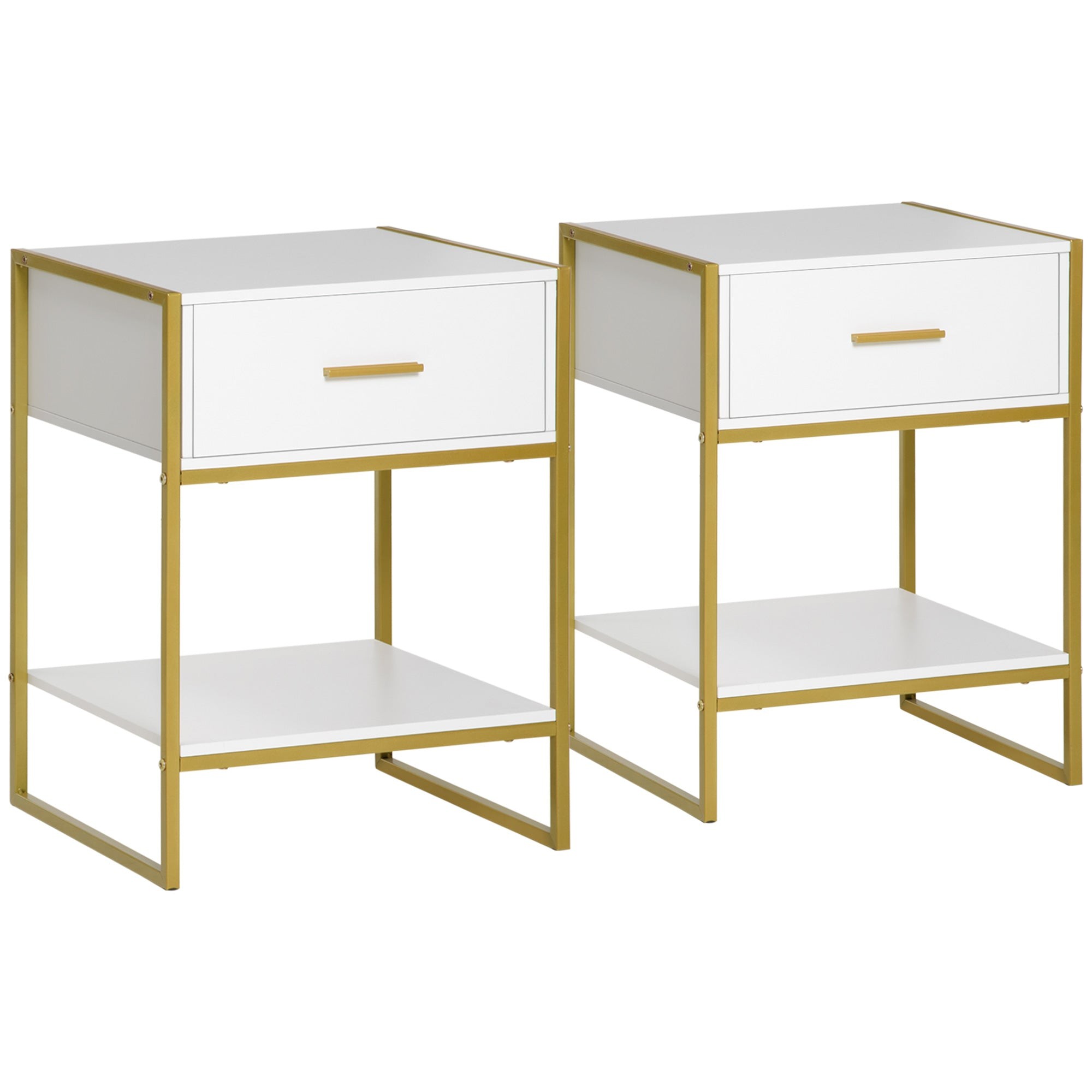 Modern white bedside table set featuring two tables with a single drawer and a lower shelf, supported by gold metal frames for a stylish contrast.
