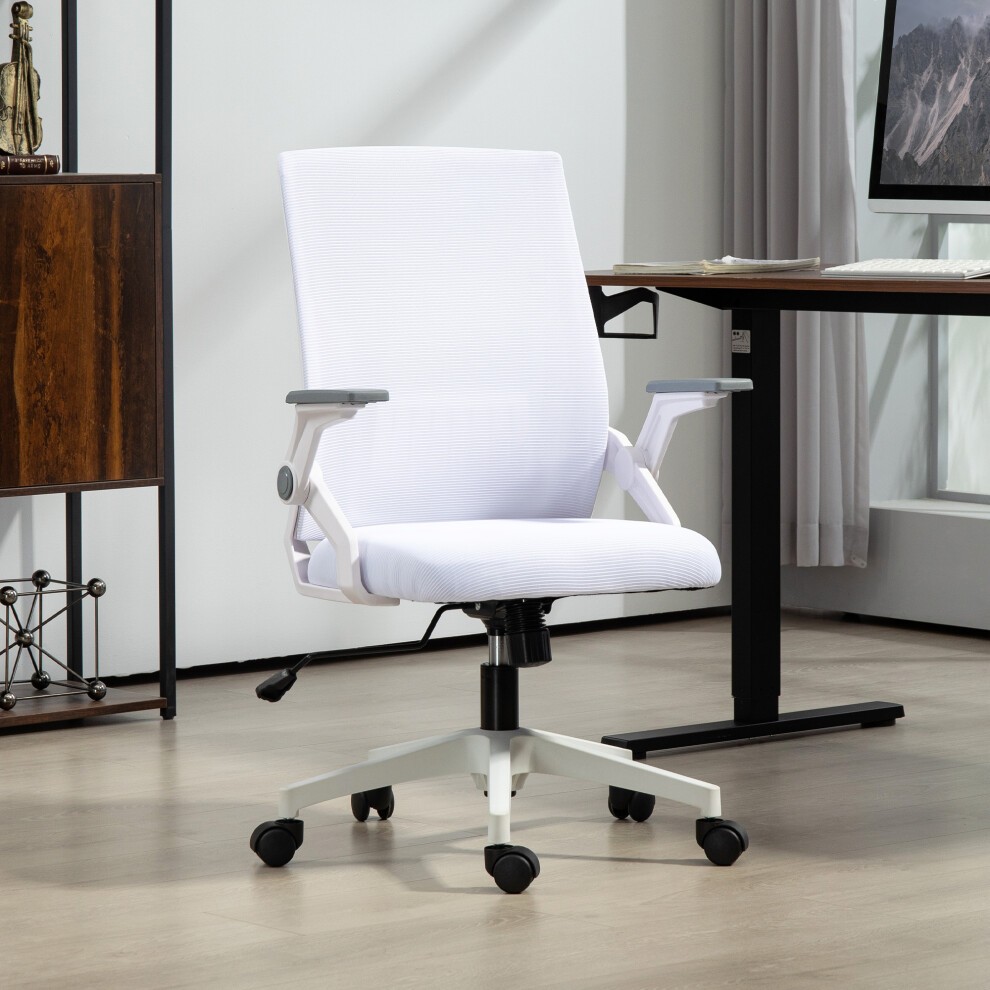 White mesh office chair with lumbar support, flip-up armrests, and a five-star base on wheels, set against a modern office backdrop.