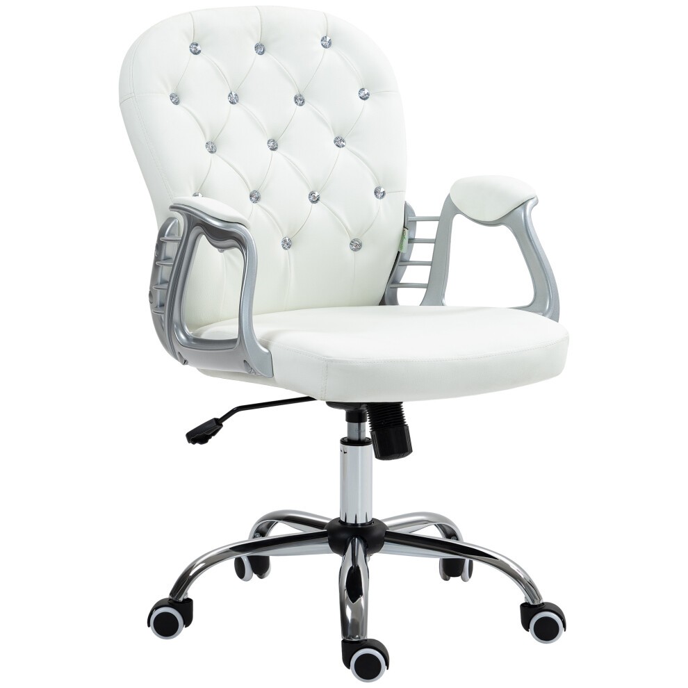 Luxury white PU office chair with diamond tufting, chrome armrests, and a 360° swivel base on rolling wheels, designed for ergonomic comfort.