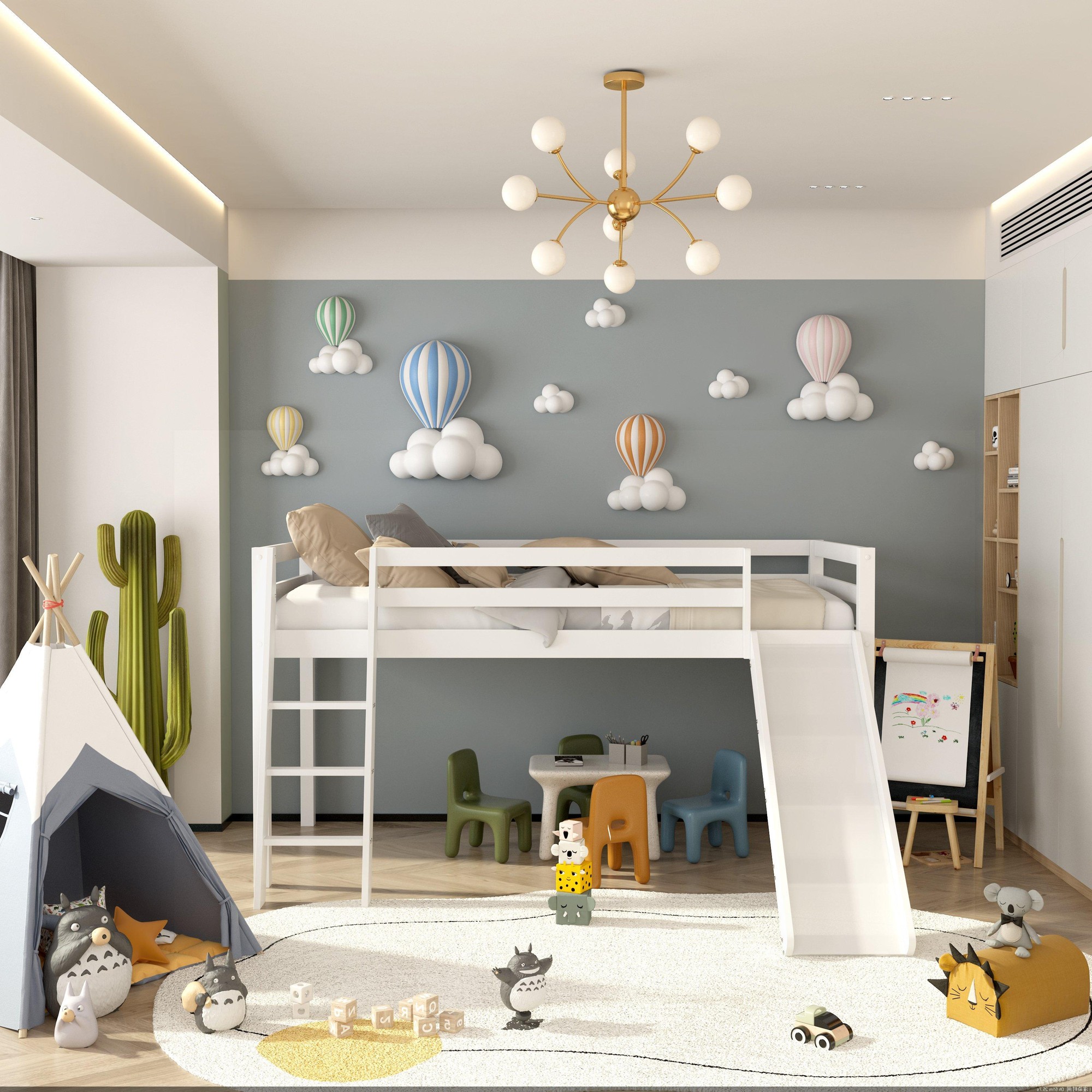 Mid sleeper slide bed in white wood with a 3FT single mattress, featuring a slide and positioned in a colorful children's room with playful decor and soft furnishings.