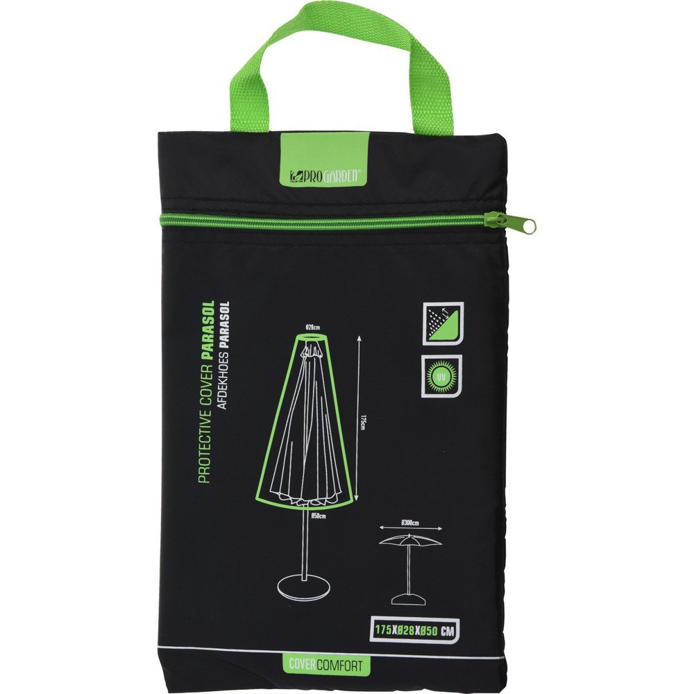 Black protective cover for garden furniture and umbrellas, featuring green accents, a handle for easy carrying, and detailed dimensions printed on the front.