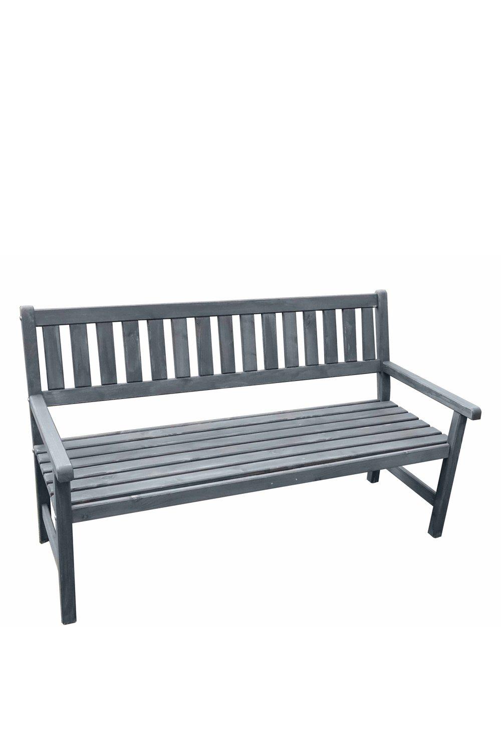 Grey wooden 3-seater garden bench featuring slatted backrest and seat, sturdy armrests, and a classic design suitable for outdoor use.