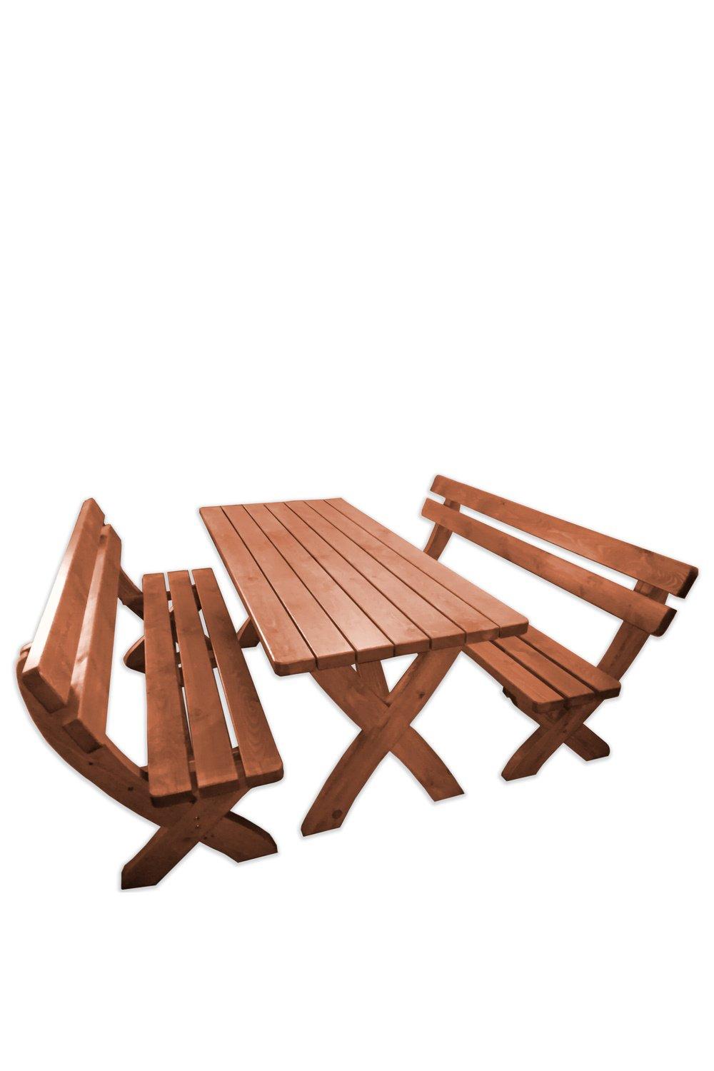 Premium wooden garden dining set in rich brown finish, featuring a rectangular table with slatted top and two benches with cross-legged support for stability.