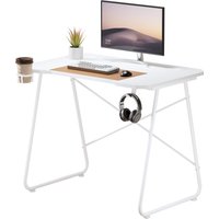 White ProperAV computer desk with metal legs, monitor, keyboard, mouse, plant, coffee cup, and headphones.