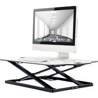 Black and white sit-stand desktop workstation with adjustable height, supporting a computer monitor.