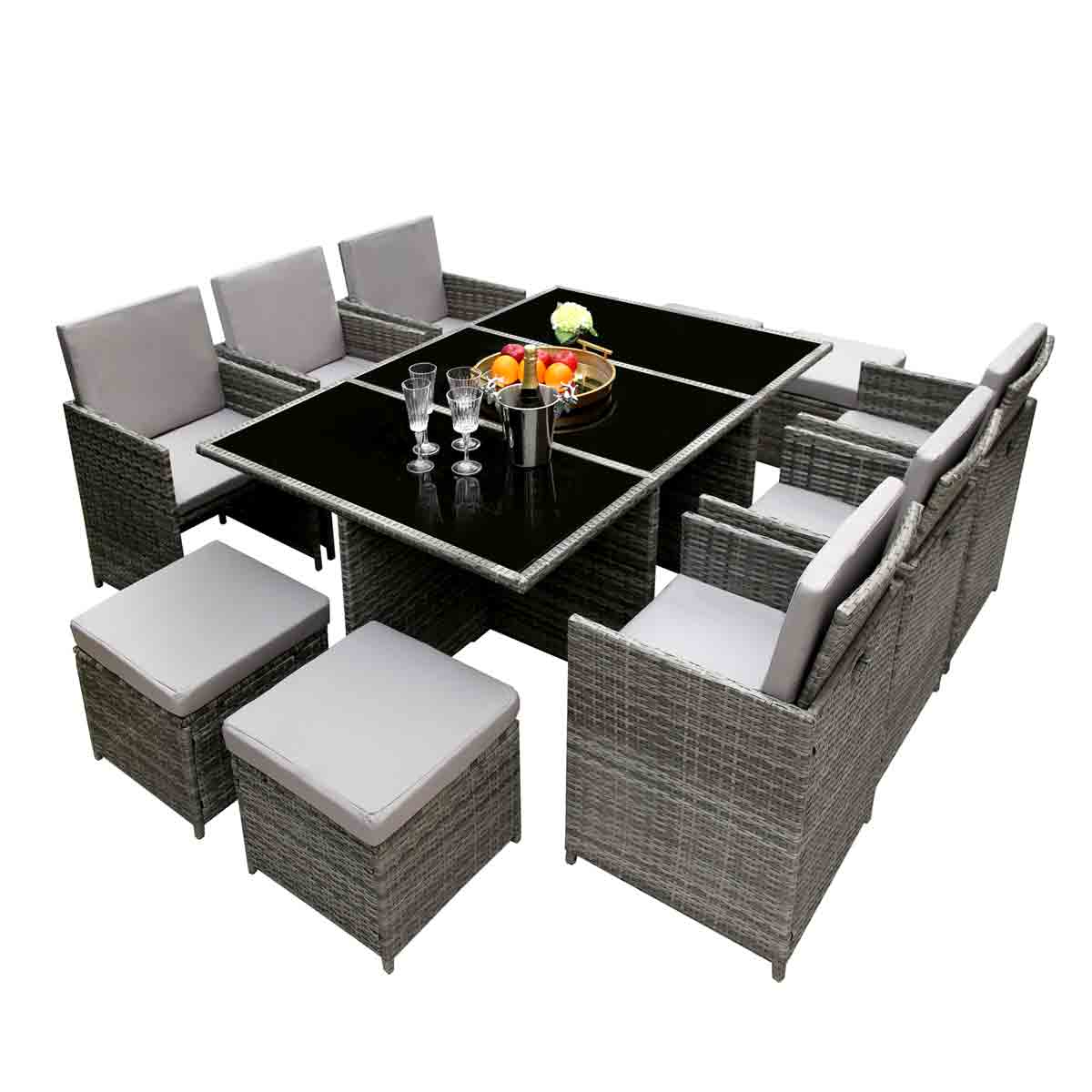 11-piece grey rattan cube garden furniture set featuring a large table with a glass top, 10 cushioned seats, and storage ottomans, designed for outdoor use with a parasol hole.