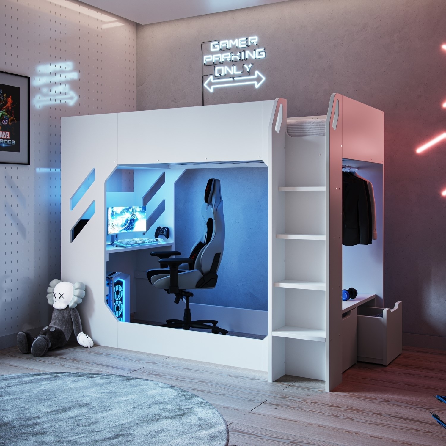 White high sleeper bed with LED lighting, featuring a gaming area below, a black gaming chair, and a storage drawer, set in a modern room with a plush rug.