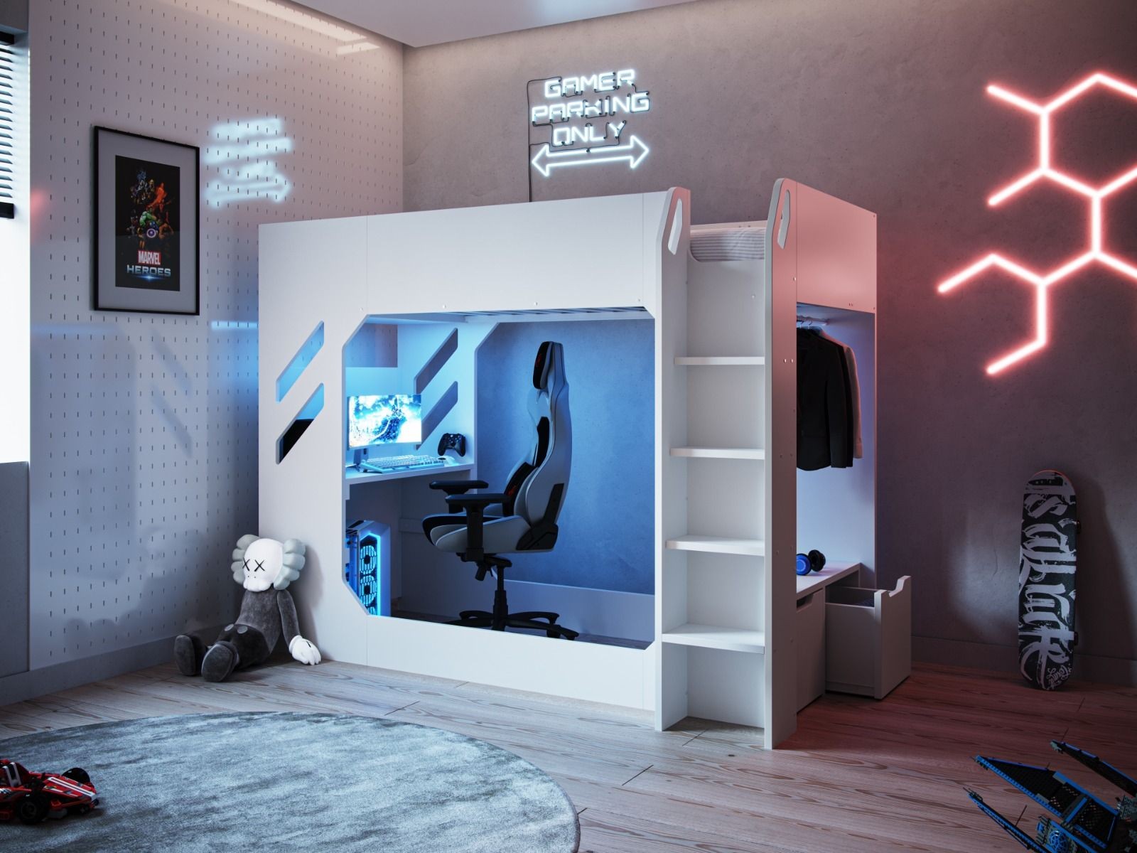 White high sleeper bed with integrated gaming desk, black gaming chair, blue LED lighting, and shelves; features a cozy gaming area with a plush teddy bear and skateboard.