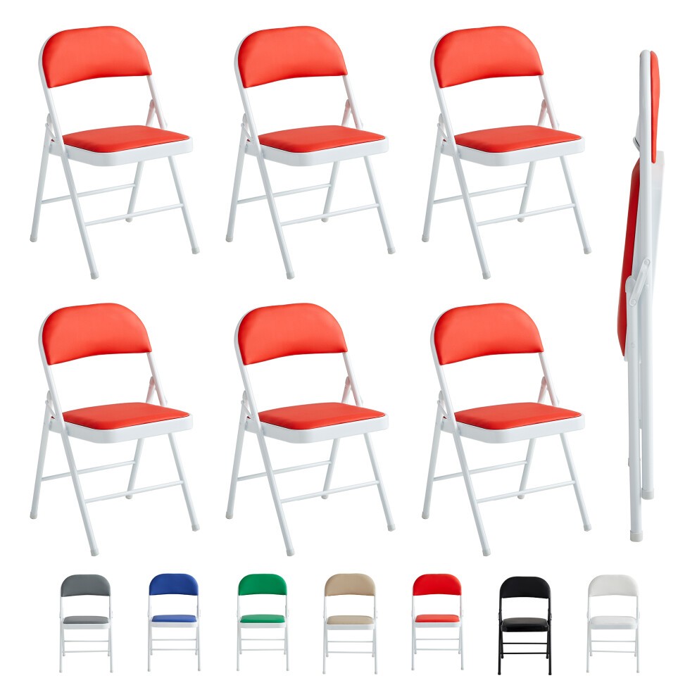 Six red faux leather padded foldable chairs with white metal frames, showcasing a compact design for easy storage and versatility in various settings.