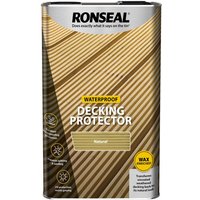 Ronseal Decking Protector Natural in a silver can with wood grain design and waterproof label.