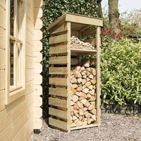 Tall wooden log store with slatted sides, narrow design, and a sloped roof, filled with stacked firewood.