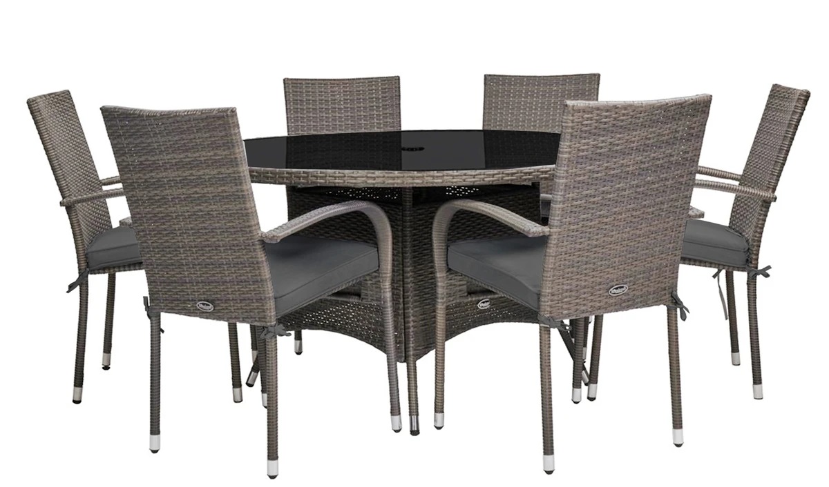 Royalcraft Malaga 6-seater round dining set features a 140cm black glass tabletop, grey woven rattan chairs with soft cushions, and a stylish, modern design.
