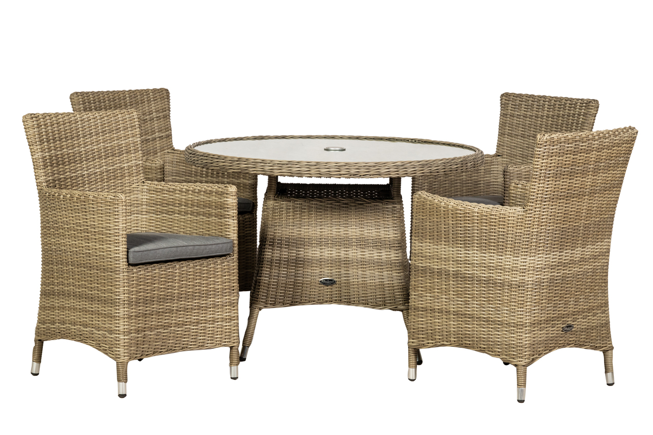 Round 110cm dining table with a glass top surrounded by four woven rattan carver chairs, each featuring grey cushions, all in a natural beige finish.