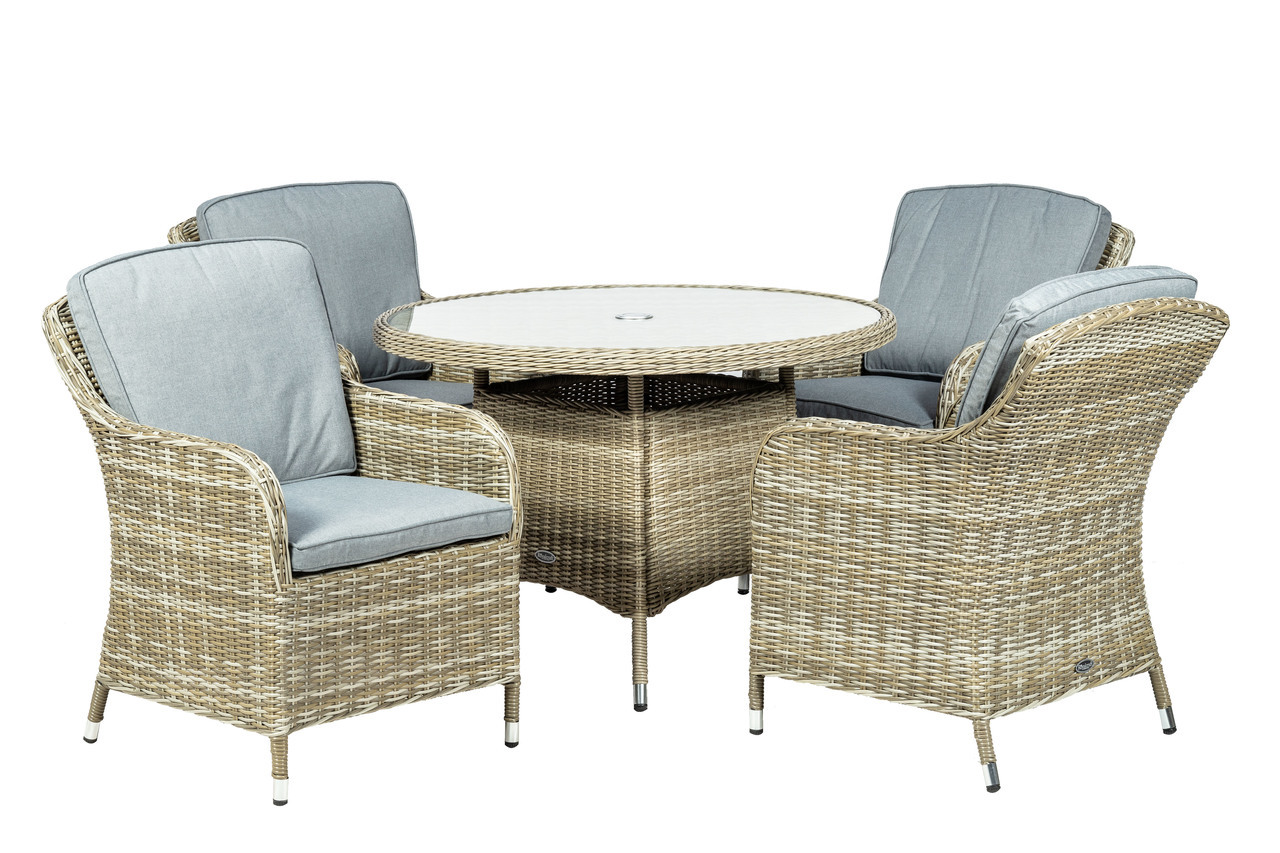 Beige synthetic rattan round dining set with four cushioned chairs, featuring a glass tabletop, measuring H74 x W110 x L110 cm.