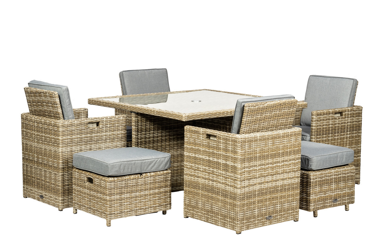 Cream-colored Royalcraft Wentworth 8 Seater Cube Set featuring a glass-top table and cushioned wicker chairs, designed for outdoor dining.