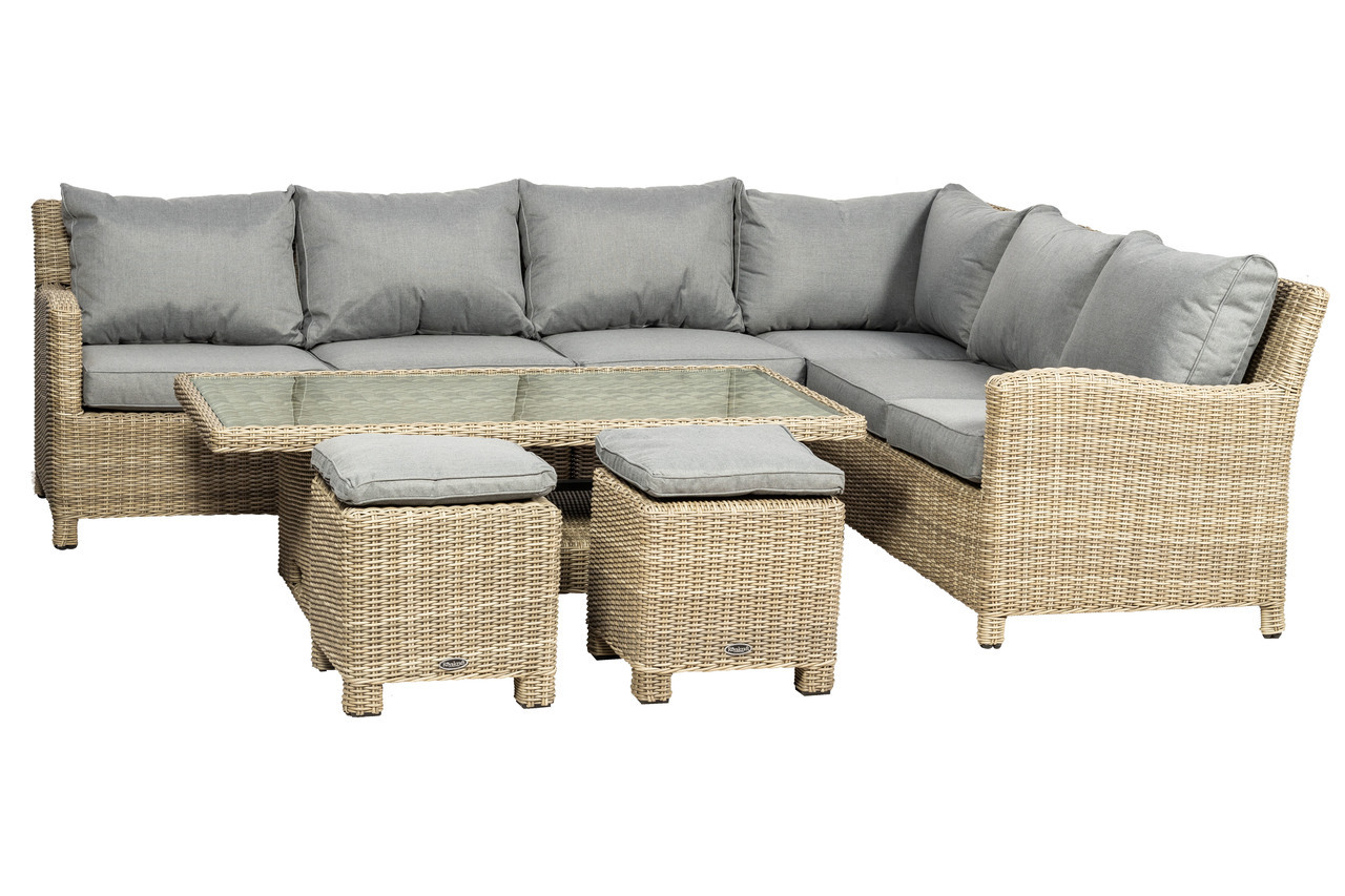 Deluxe modular corner dining set featuring a light brown wicker frame, gray cushions, and a glass-top coffee table, ideal for outdoor lounging.