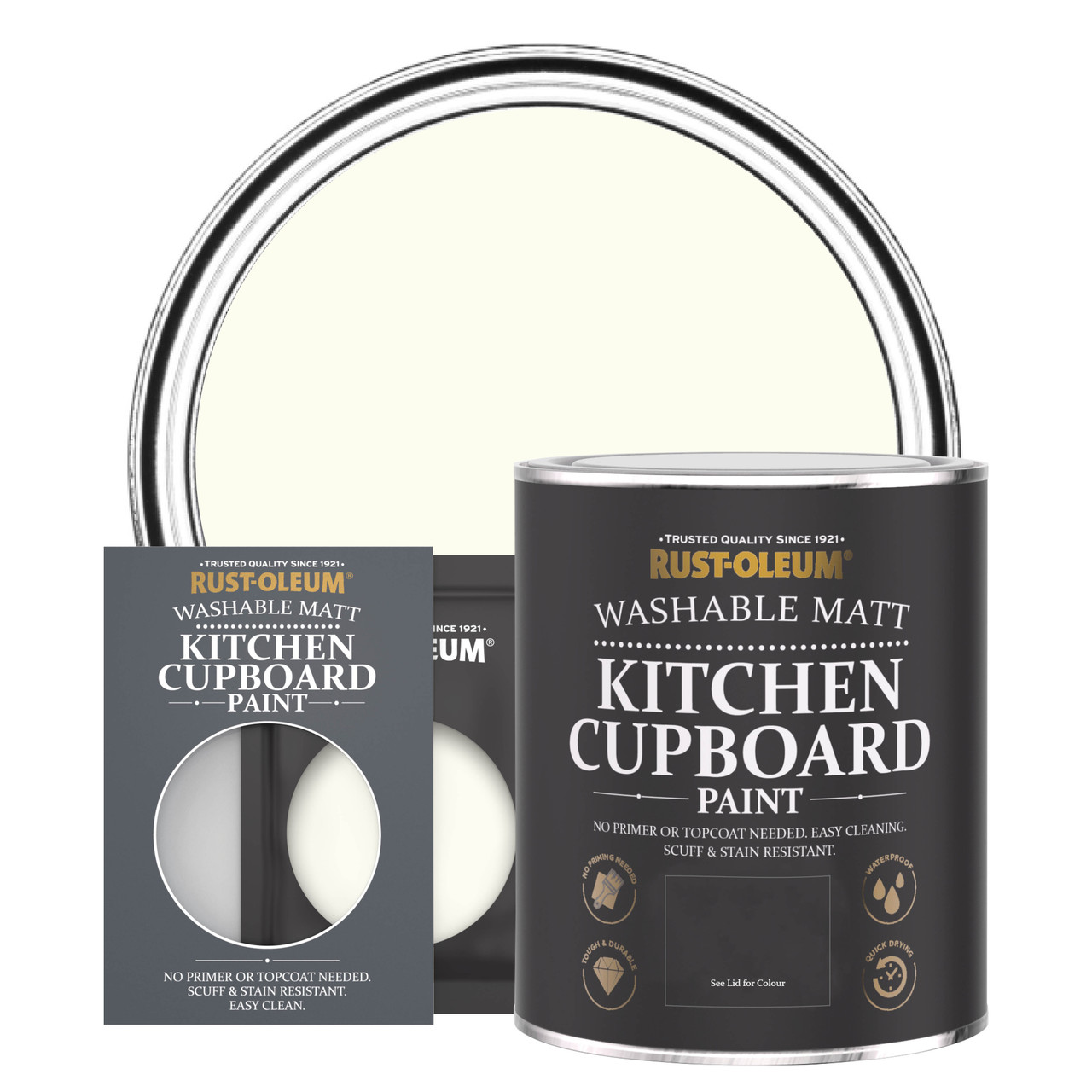 Off White kitchen cupboard paint in antique white, 750ml can, featuring a matte finish, alongside a color swatch card highlighting washability and easy cleaning features.