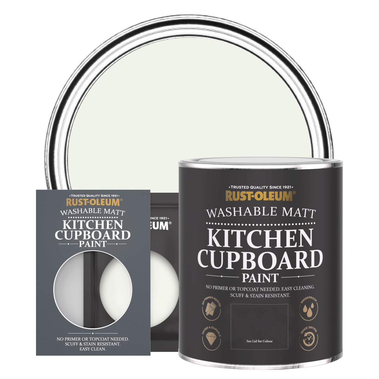 Rust-Oleum Off White Kitchen Cupboard Paint in a 750ml can, featuring a matt finish labeled "Steamed Milk," with a color swatch and product details on the packaging.