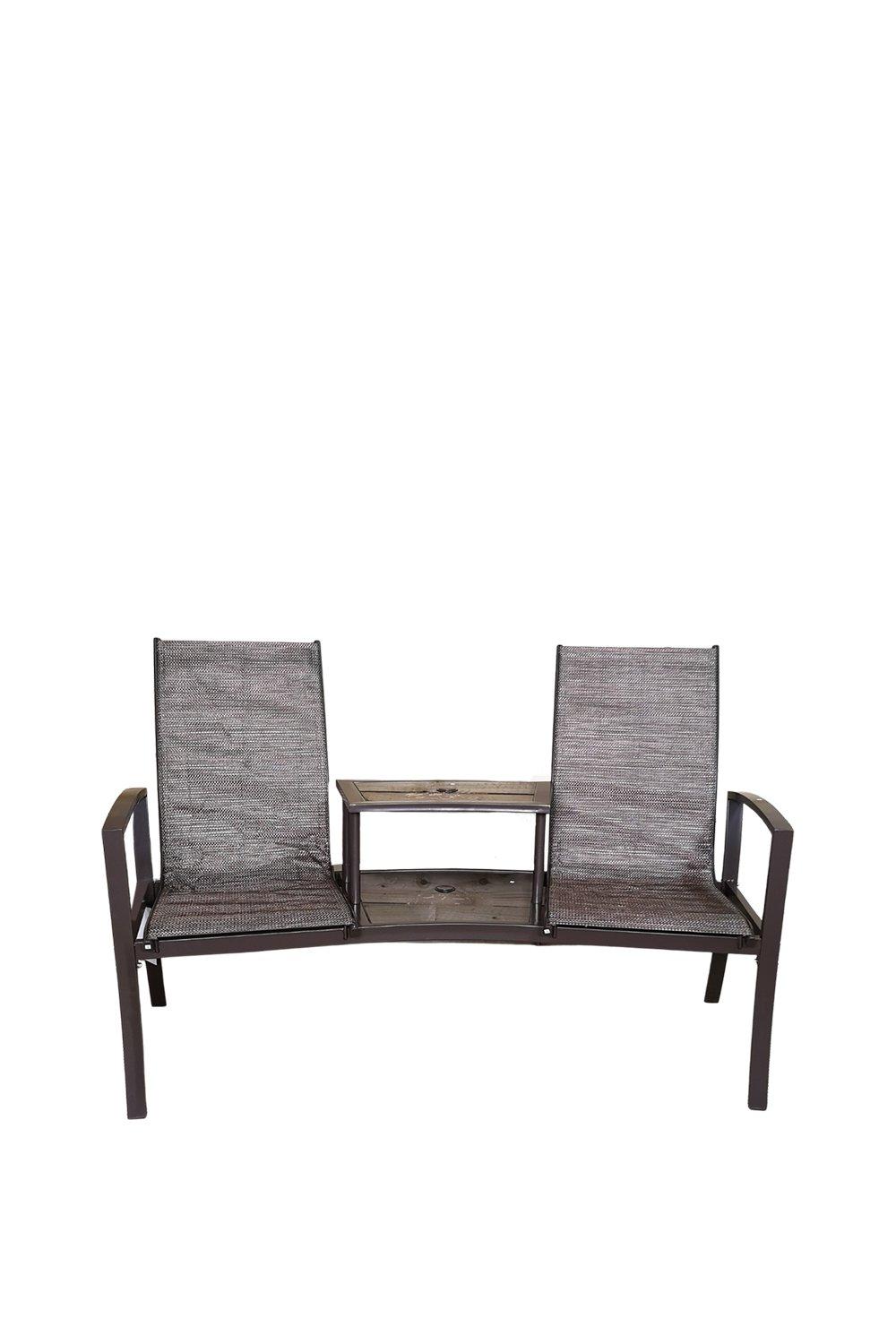 Bronze copper garden bench with two woven seats, a central wooden table, and a sleek metal frame, designed for outdoor relaxation and conversation.
