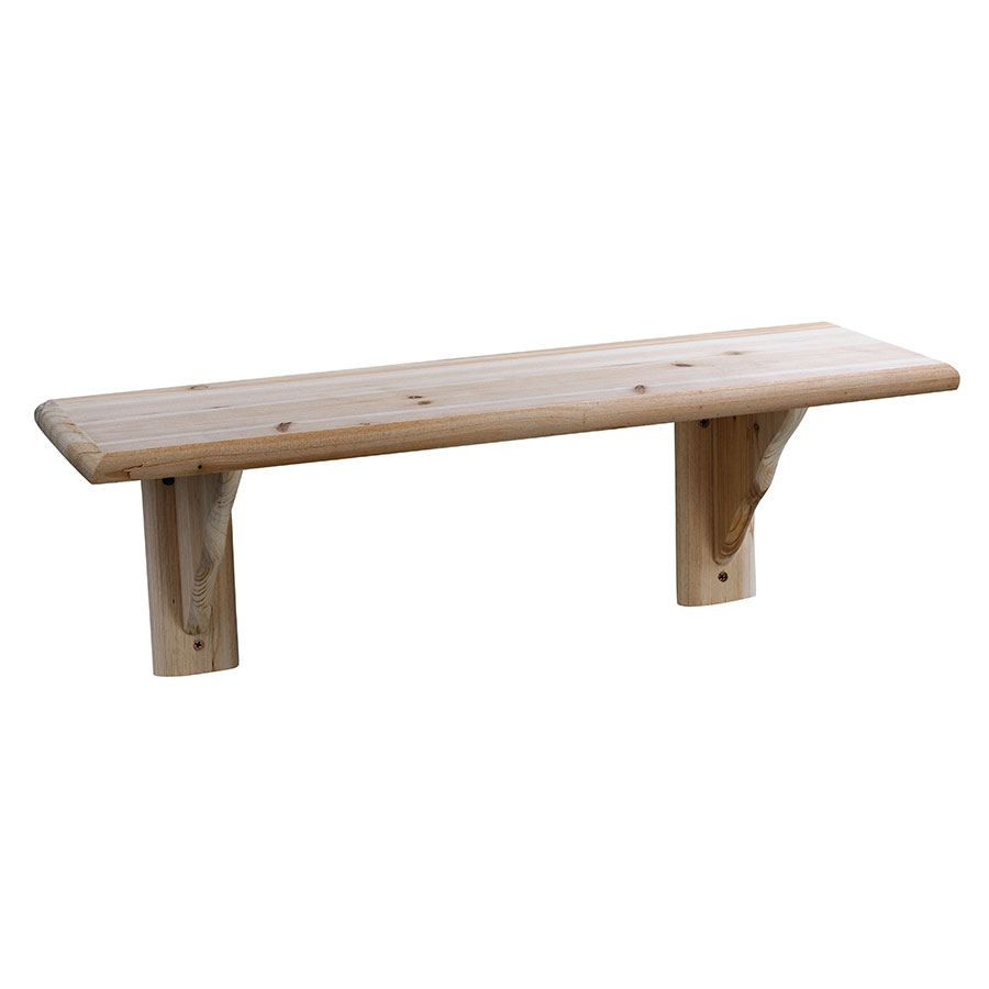 Lightly finished pine shelf with a natural wood grain, measuring 1180mm, supported by two sturdy wooden brackets for wall mounting.