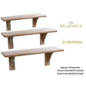 Three unfinished pine shelves with a natural wood finish, featuring sturdy brackets for support, labeled "Belgravia" and available in three sizes.