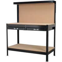 Sealey metal workbench with black frame, two drawers, brown pegboard, and lower shelf.