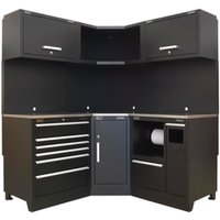 Black stainless steel corner worktop storage system with multiple drawers, cabinets, and sleek handles.