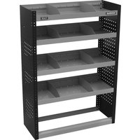 Black and gray Sealey Superline Pro van storage unit with flat shelves and perforated side panels.