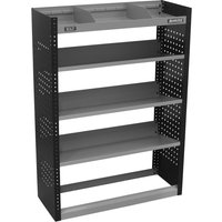 Black and grey Sealey Superline Pro van storage unit with slanted top shelf and four flat shelves.