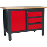 Sealey workstation with wooden top, three red drawers, and one red cupboard on black frame.