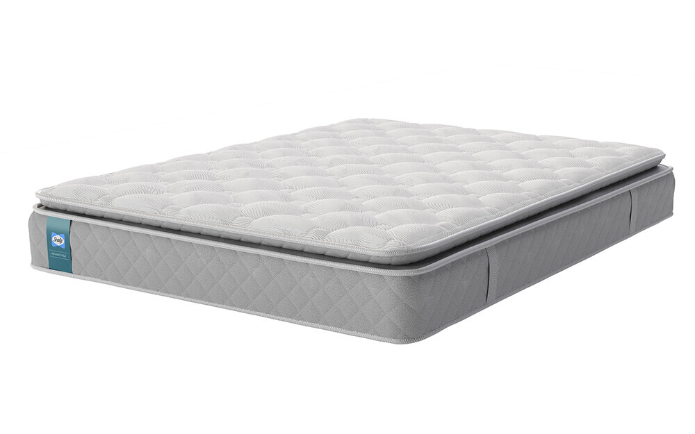 Sealy Alston Advantage King Size Mattress in white, featuring a quilted surface and a grey diamond-patterned base for added support and comfort.
