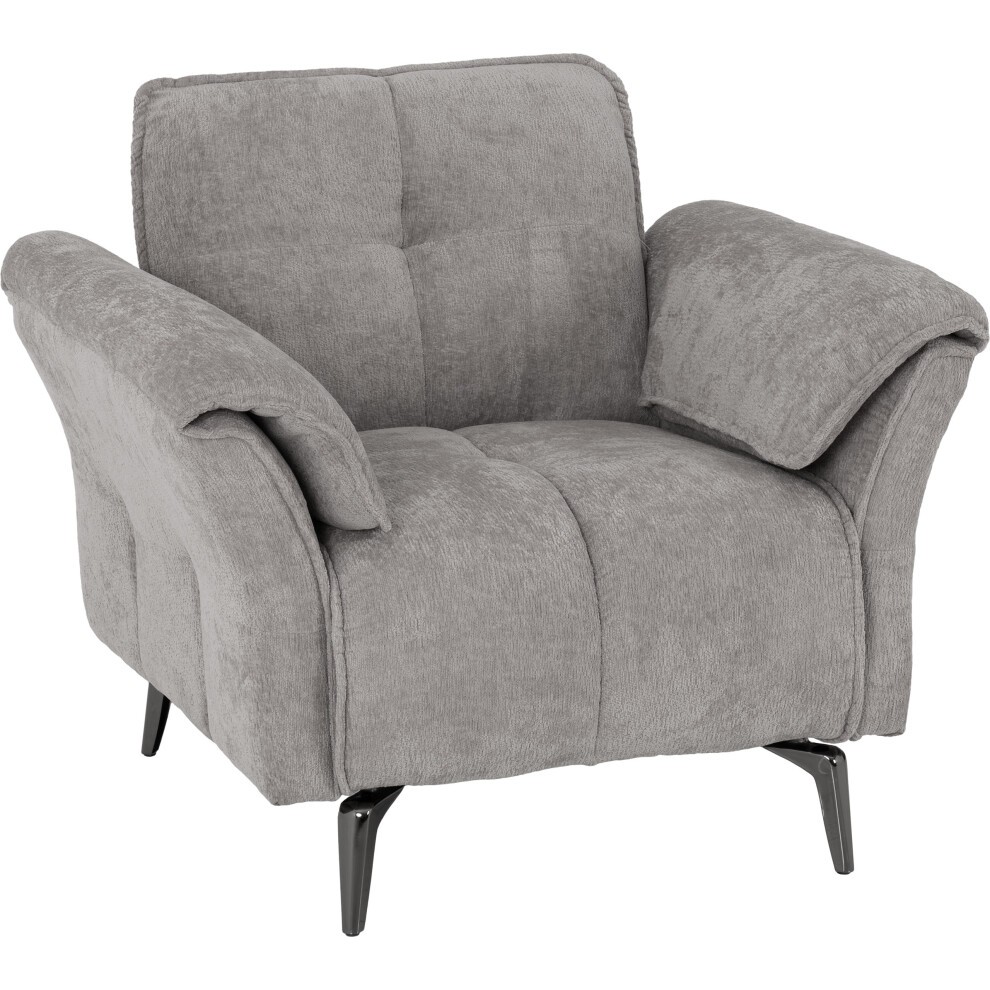 Grey fabric single-seater chair with plush cushioning, wide armrests, and sleek black legs, featuring a contemporary design ideal for modern interiors.