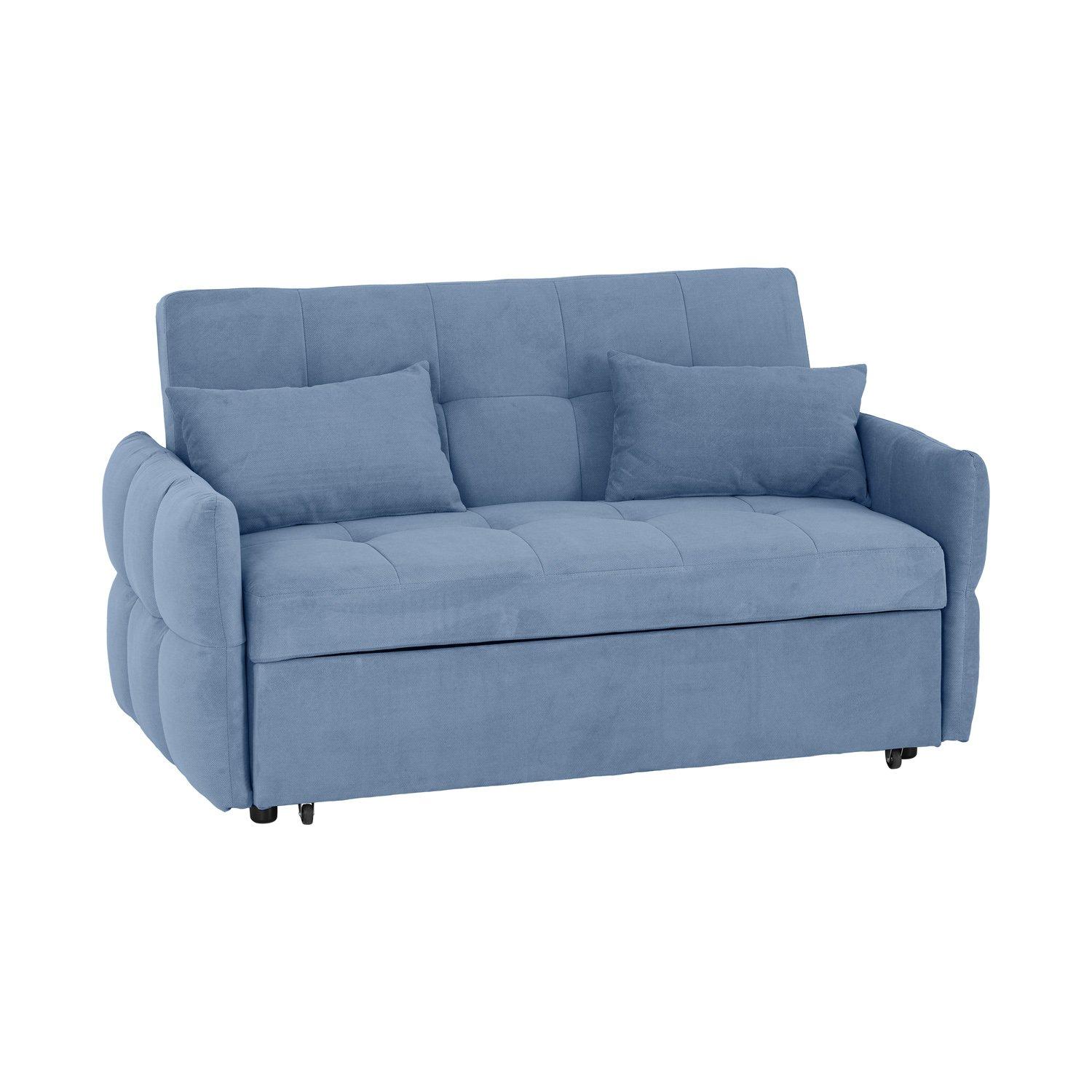 Blue fabric sofa bed with a modern design, featuring tufted cushions, two matching pillows, and a pull-out mechanism for sleeping.