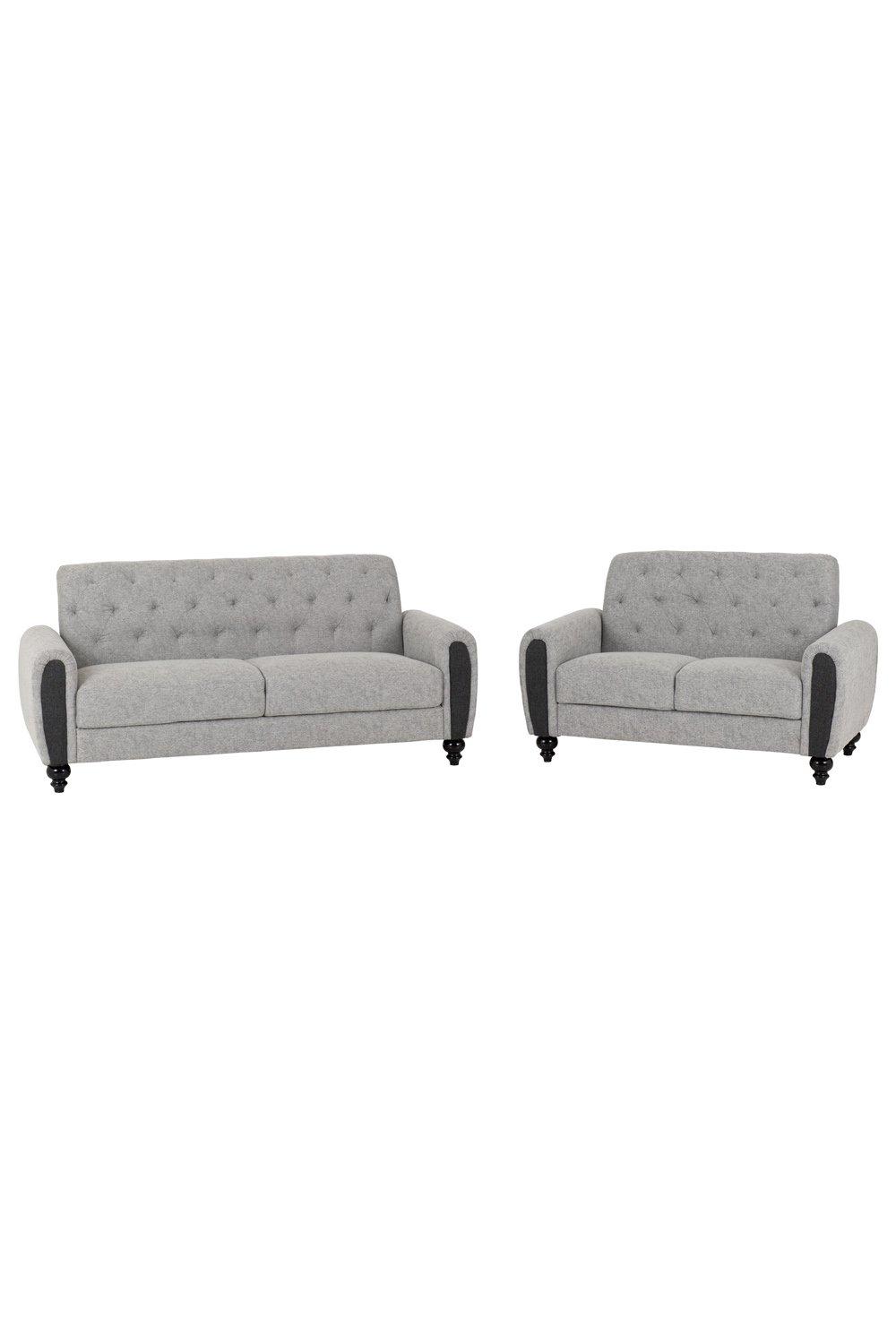 Light grey fabric 3+2 suite featuring a tufted design, contrasting grey arms, and elegant dark wooden legs, ideal for modern living spaces.