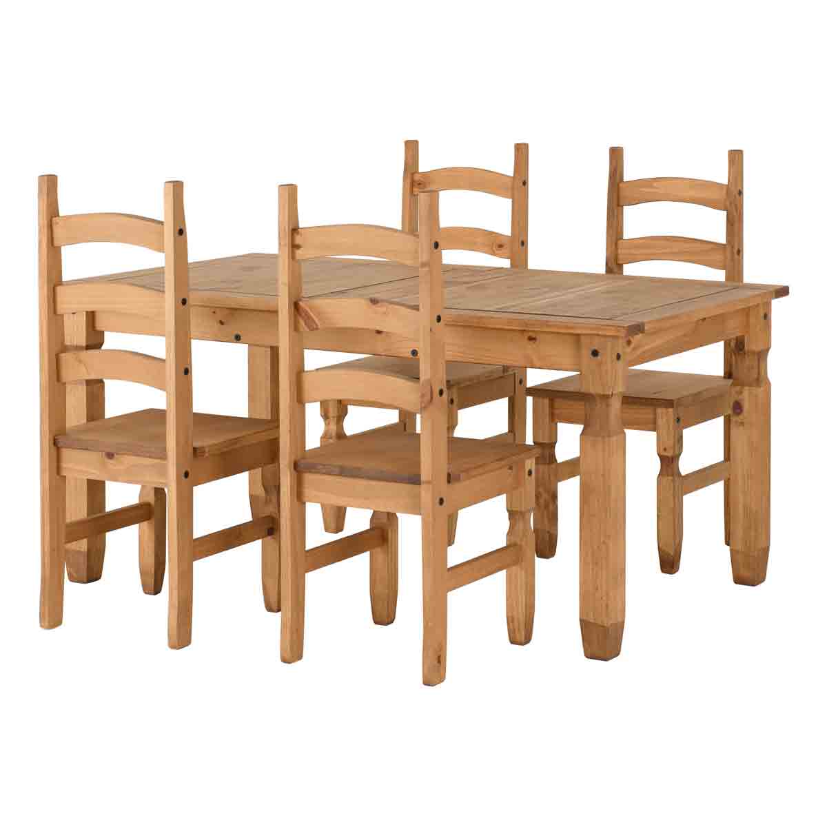 Seconique Corona extending dining set featuring a distressed waxed pine finish in brown, includes a rectangular table and four matching wooden chairs with ladder backs.