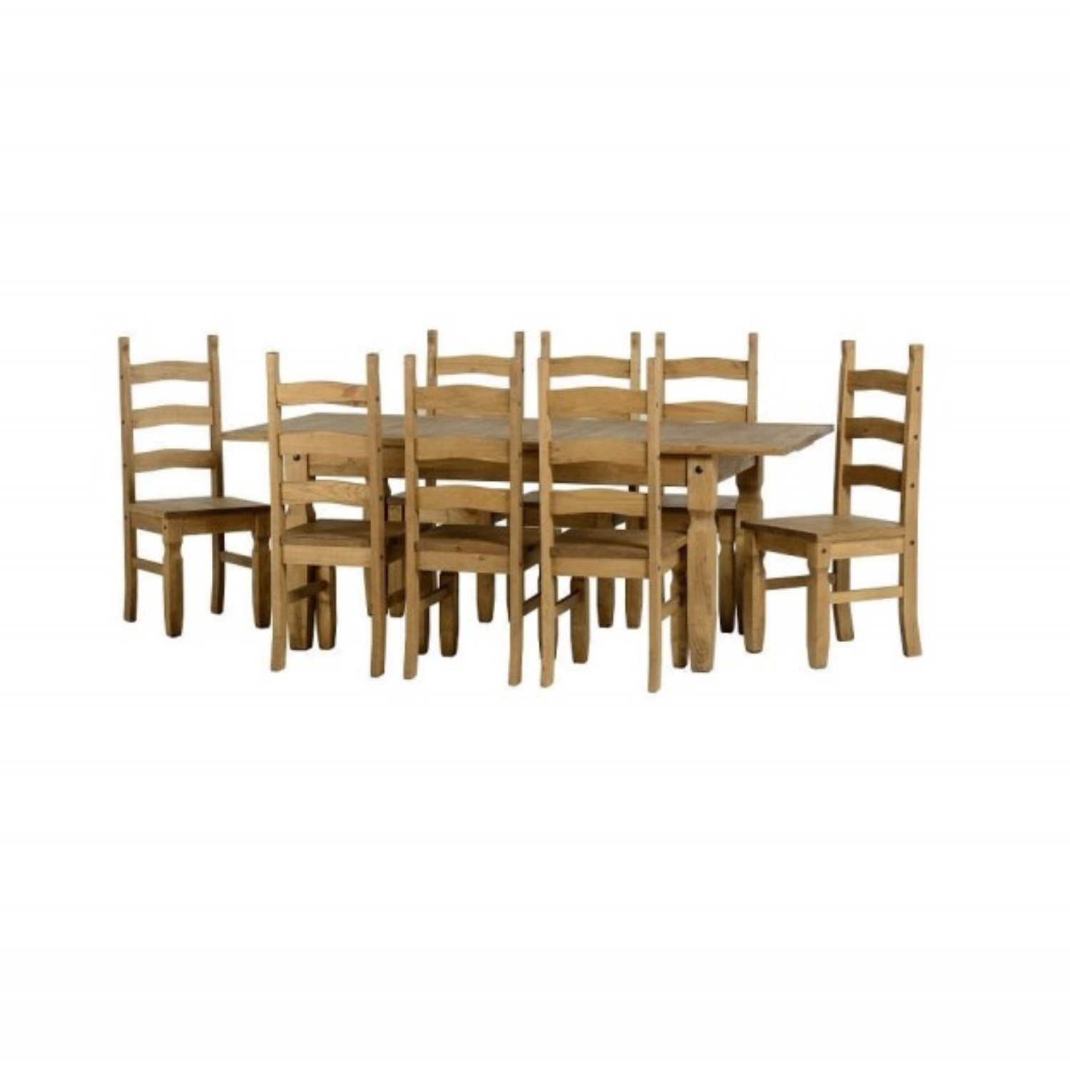 Seconique Corona extending dining set featuring a distressed waxed pine finish, includes a rectangular table and eight matching brown chairs with ladder backs.