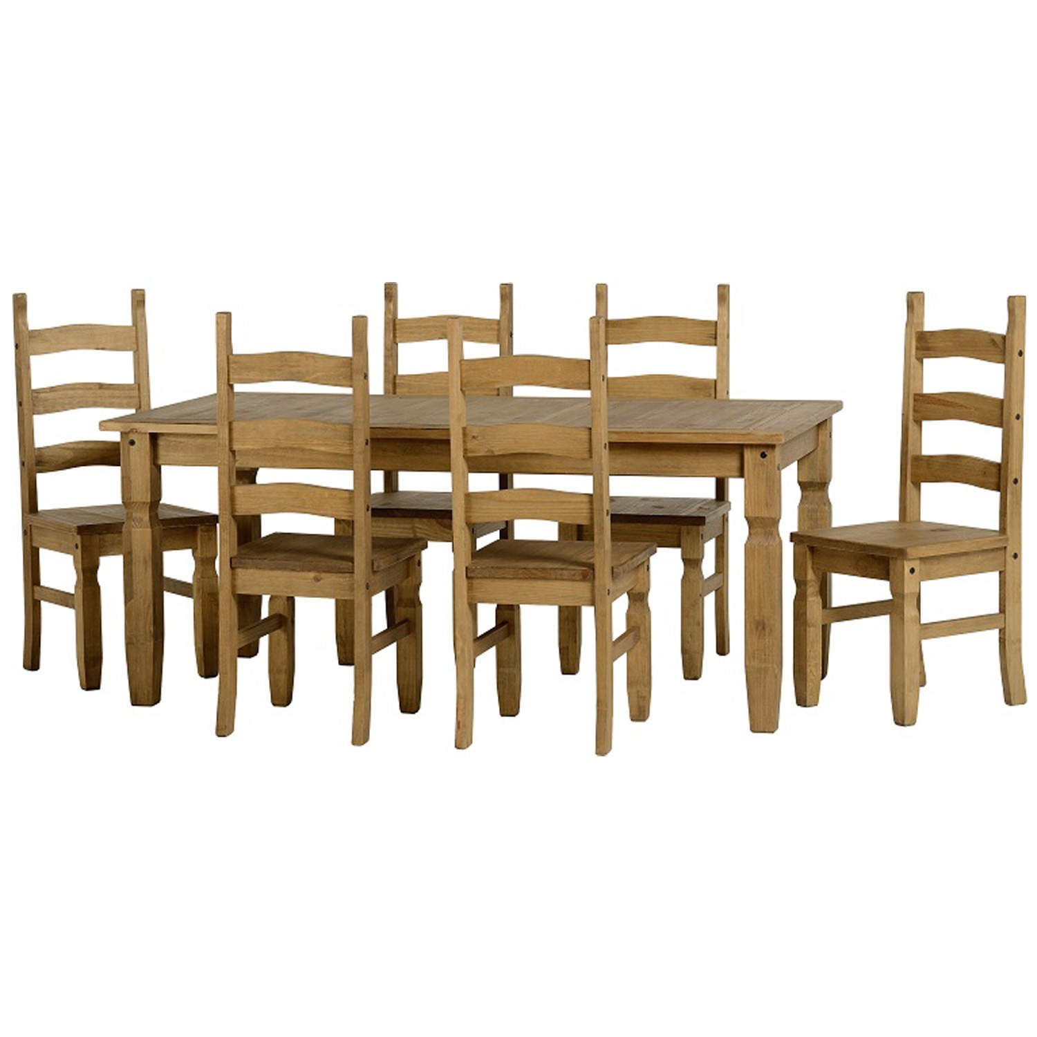 Distressed waxed pine dining set featuring a rectangular table and six ladder-back chairs, all in a warm brown finish.