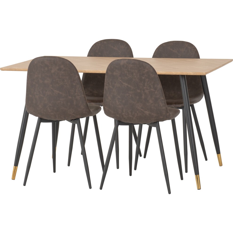Medium oak effect dining table with four brown PU upholstered chairs featuring black tapered legs and gold accents.