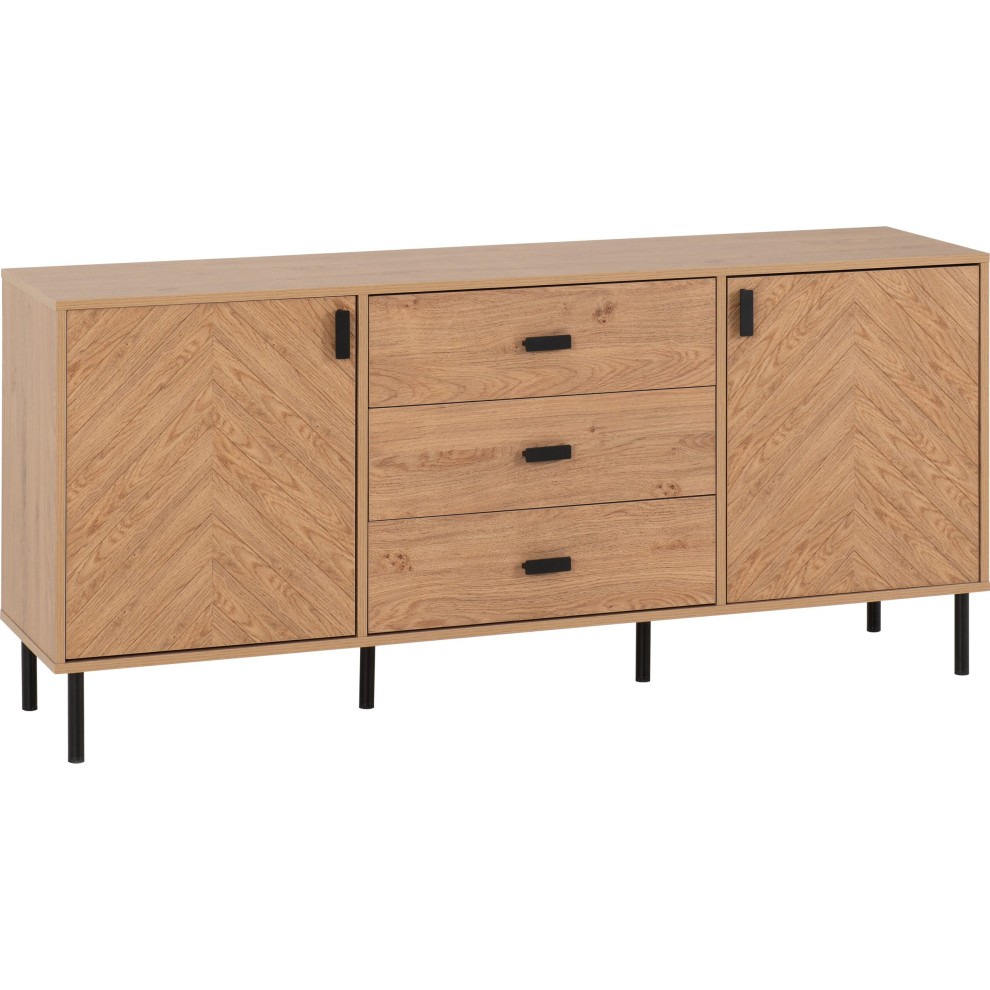 Medium oak effect sideboard featuring two doors with chevron pattern and three drawers, complemented by black metal handles and legs for a modern touch.