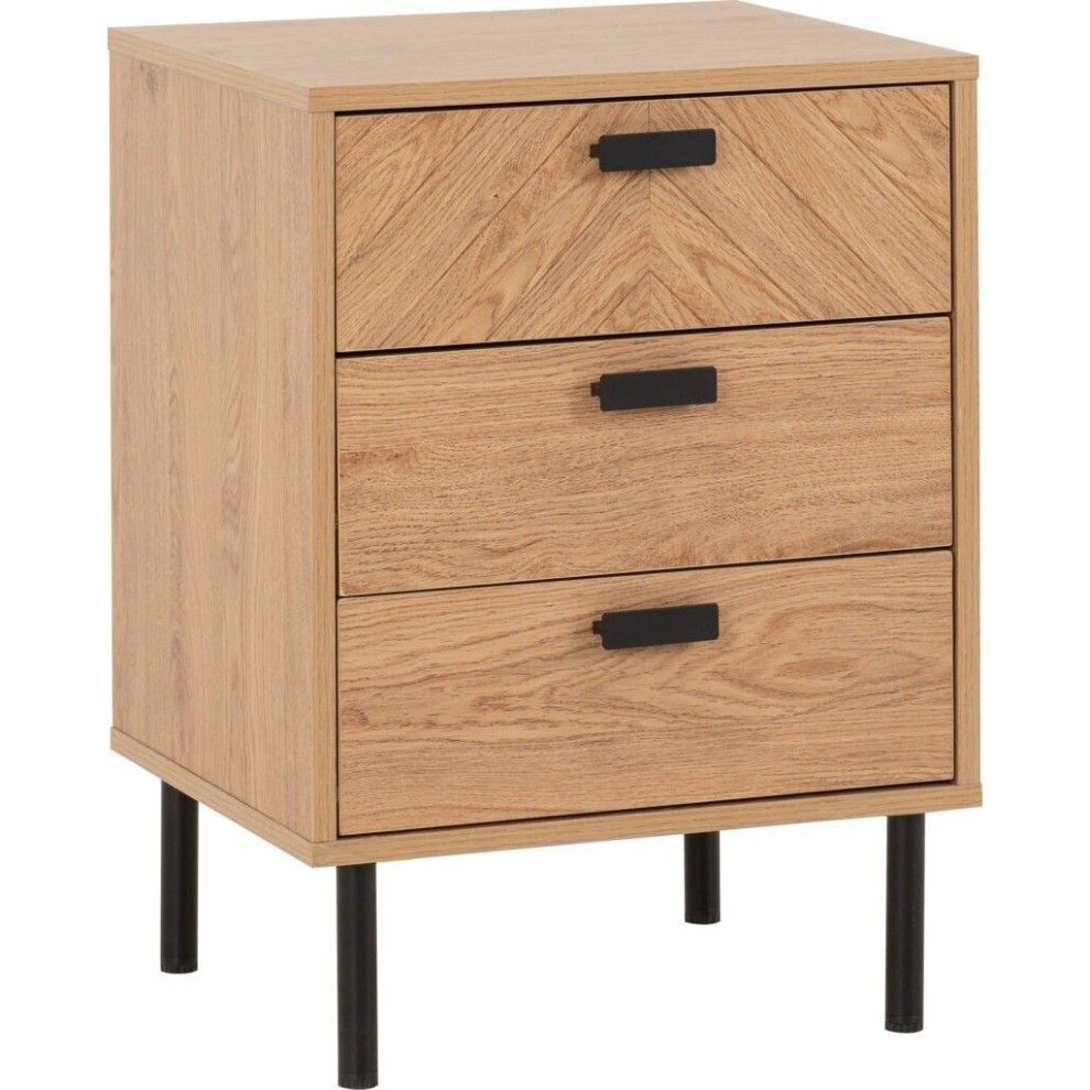 Medium oak effect bedside table featuring three drawers with herringbone pattern fronts and black metal handles, supported by sleek black legs.