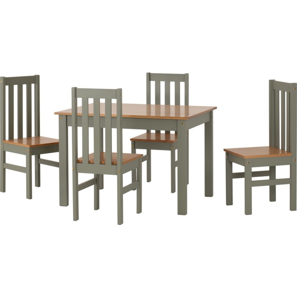 Green and oak effect dining set featuring a rectangular table and four matching slatted-back chairs, combining a modern color scheme with a classic design.