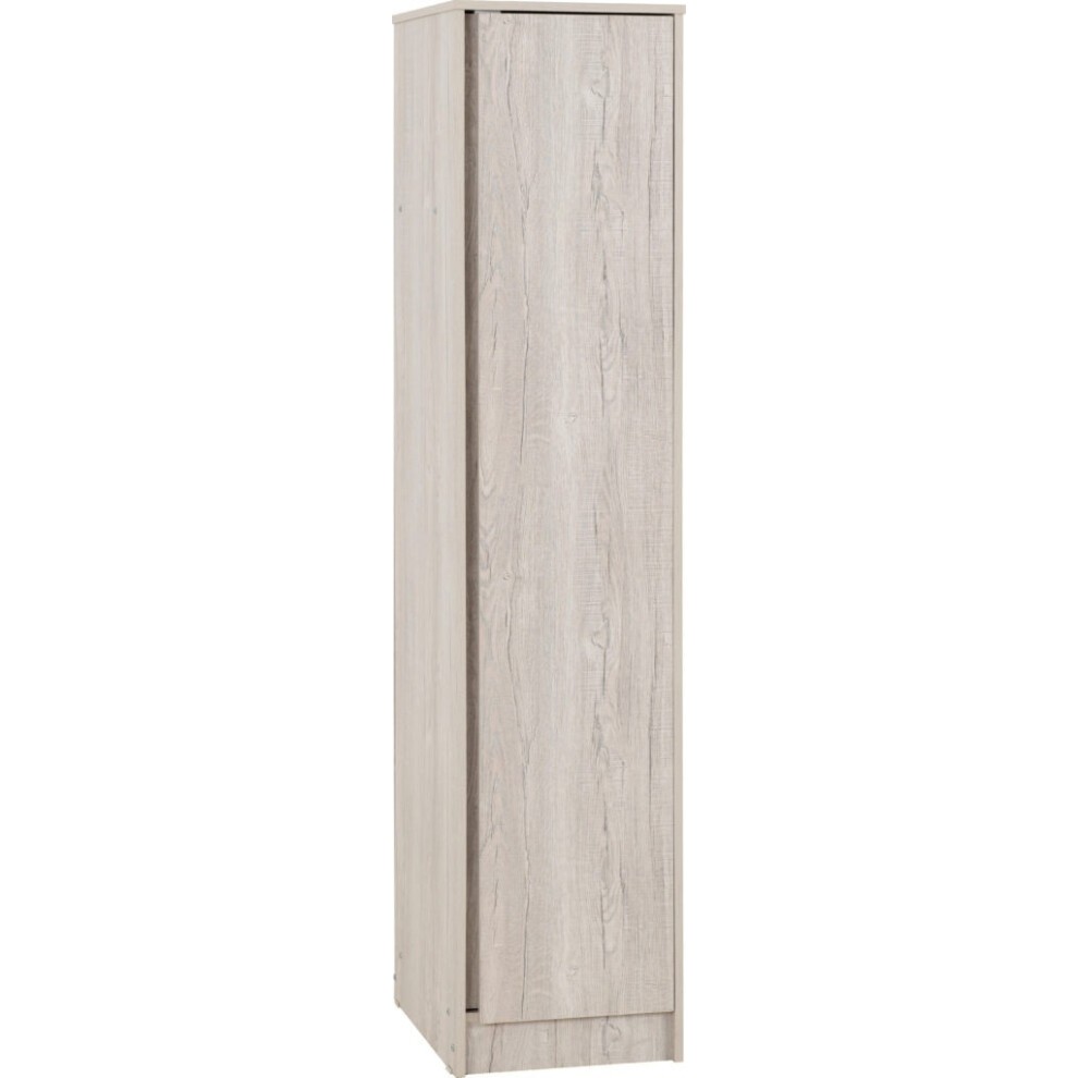 Tall wardrobe in Urban Snow finish, featuring a single door with a wood grain texture, made from engineered wood, ideal for compact spaces.