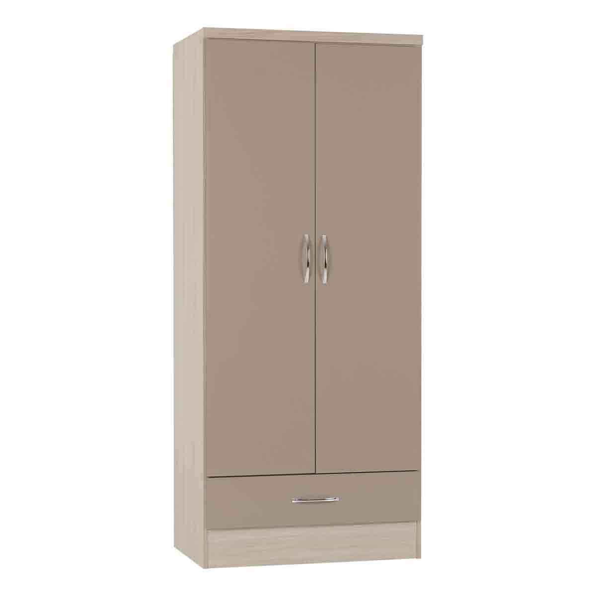 Seconique Nevada wardrobe featuring a two-door design with an oyster gloss finish, light oak effect veneer, and a single drawer at the bottom with a sleek silver handle.