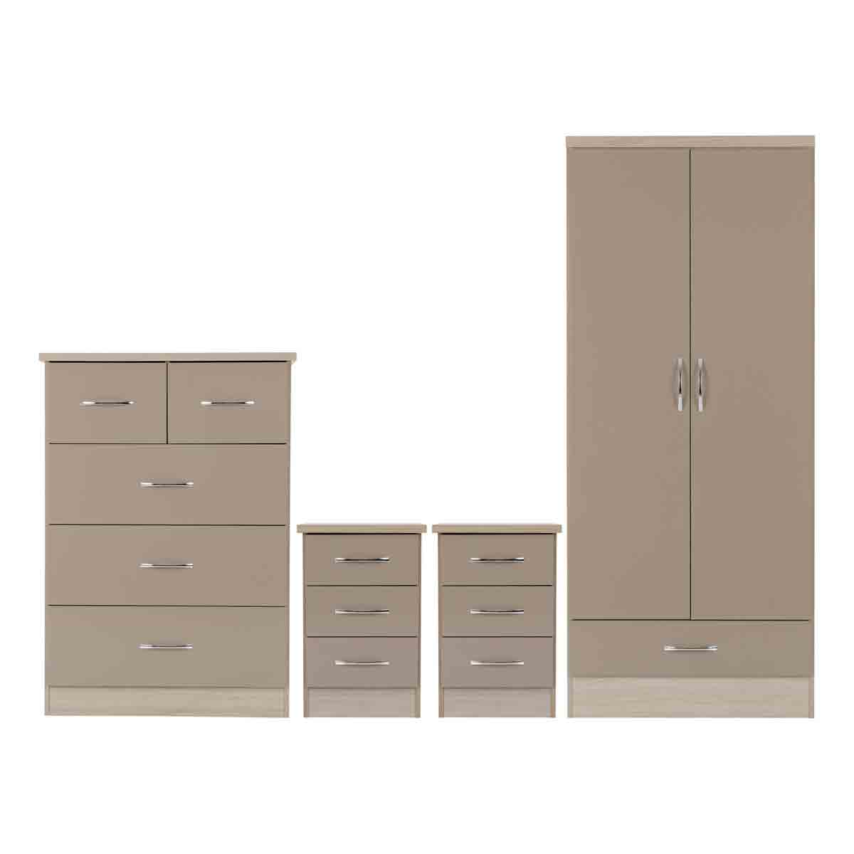 Oyster gloss wardrobe set featuring a two-door wardrobe, a one-drawer chest, and two bedside tables, all with sleek handles and a modern design.