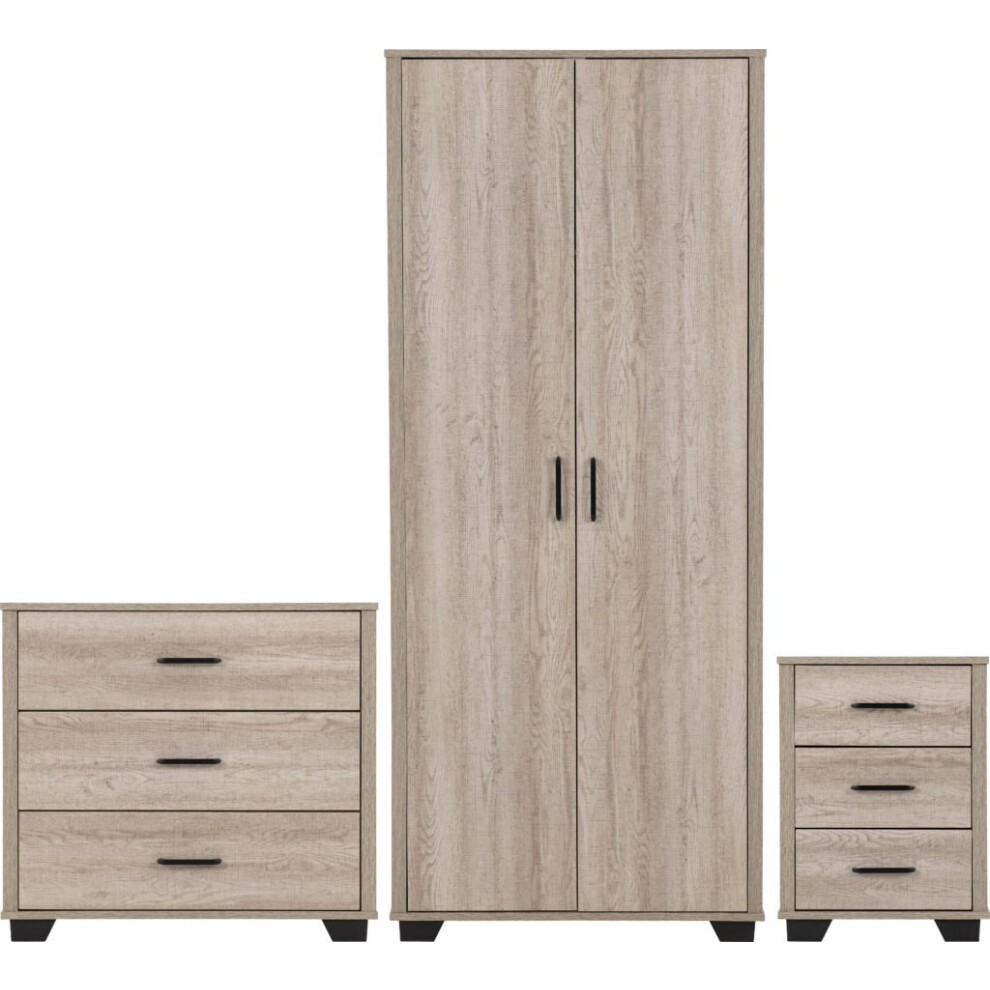 Light oak effect furniture set featuring a tall wardrobe with double doors and two bedside tables, all with black handles and a modern design.