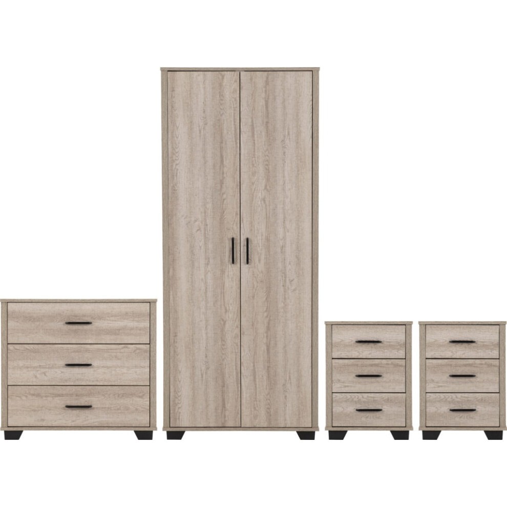 Light oak effect wardrobe set featuring a tall 2-door wardrobe and two bedside tables with multiple drawers, all accented by sleek black handles and sturdy black feet.