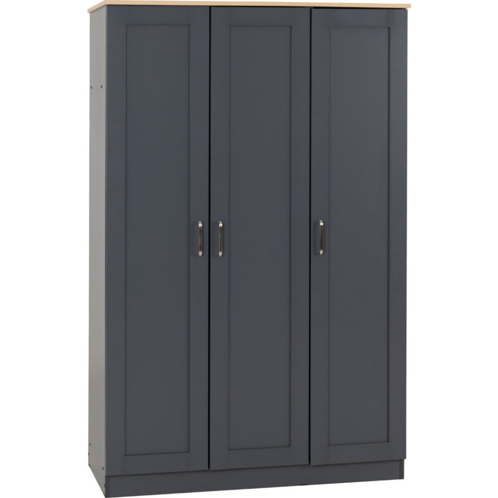 Three-door wardrobe in grey with an oak effect top, featuring sleek handles and a modern design, suitable for various interior styles.