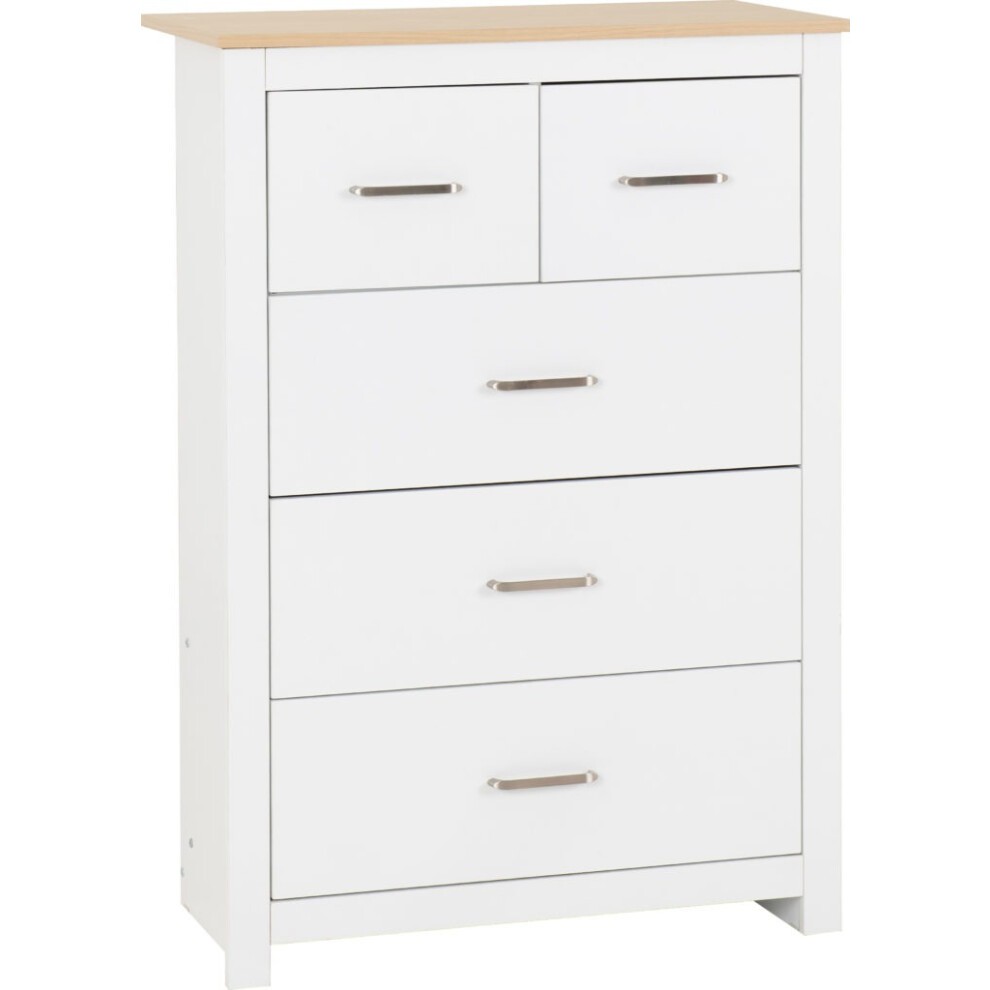 White and oak effect chest of drawers featuring three small and two large drawers, with sleek metal handles and a light wood top.